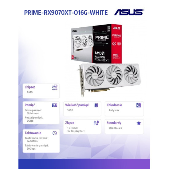 Karta graficzna Radeon RX 9070 XT PRIME OC WHITE 16GB GDDR6 256bit 3DP/HDMI