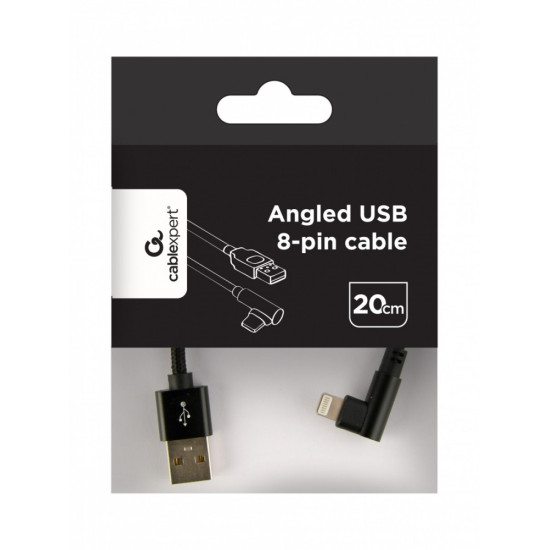 Kabel USB - do 8 pin kątowy w oplocie tekstylnym, 0.2m, czarny