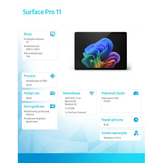Surface Pro 11 Snapdragon X Elite/16GB/512GB/5G/Platinium/ZFB-00009