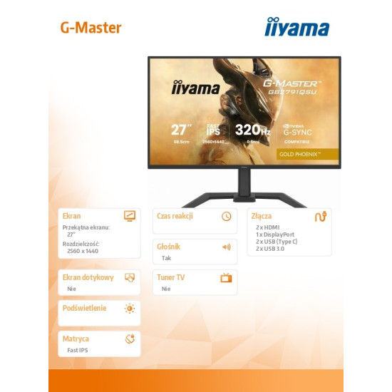 Monitor 25 cali GB2791QSU-B1 0.6ms,DP,2xHDMI 2.1 ,320Hz, Fast IPS,  WQHD,350 cd/m2, USB HUB x4 (2x Type-A, 2x Type-C), G-SYNC compatible - HDMI: 2