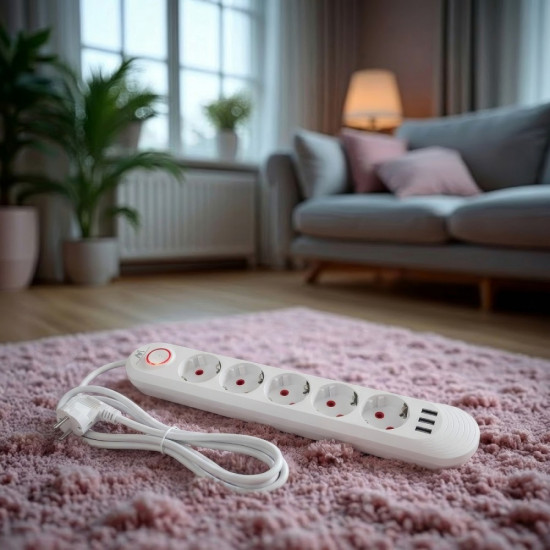 Listwa zasilająca 5 gniazd MCE395 W 3xUSB, 110-240v AC 50/60Hz, 2,1A max 2500W, biała