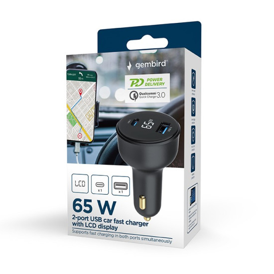 Szybka ładowarka samochodowa 2xUSB-A+C, Type-C (PD), LCD, 65W, czarna