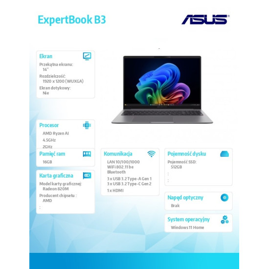Laptop ExpertBook P3 PM3406CKA-LY0291W Ryzen 5 AI 330/16GB/512GB/AMD Radeon 820M