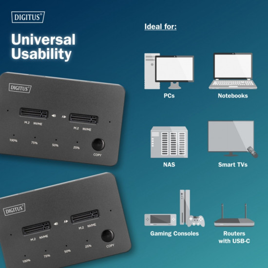 Stacja dokująca dysków z funkcją klonowania | USB-C 3.1 Gen2 10Gbps | SSD M.2 NVMe (max. 2x 4TB) | Funkcja Offline Clone | Czarna