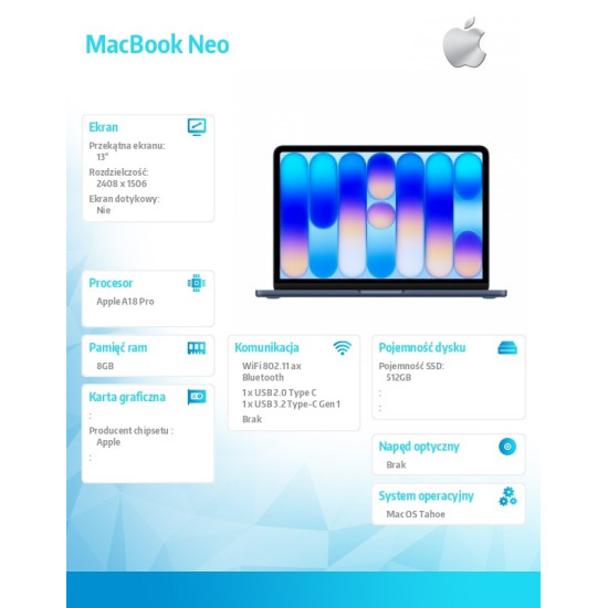 MacBook Neo 13 cali: A18 Pro 6/5, 8GB, 512GB SSD, bez zasilacza, Touch ID - Indygo