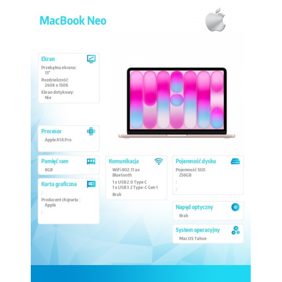 MacBook Neo 13 cali: A18 Pro 6/5, 8GB, 256GB SSD, bez zasilacza - Subtelny róż