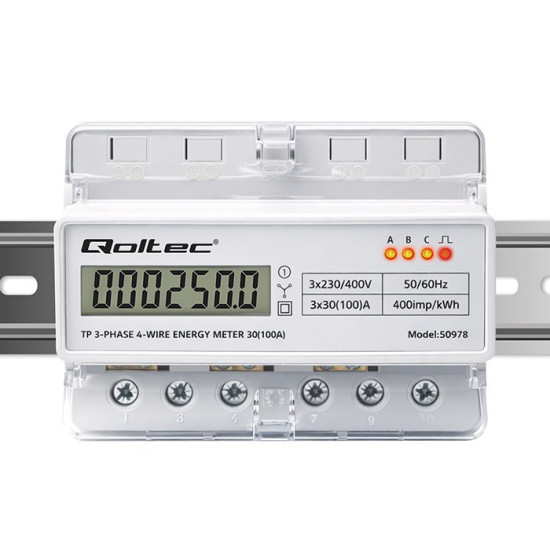 Trójfazowy elektroniczny licznik | miernik zużycia energii na szynę DIN | 400V | 100A | LCD | LED | 7P 