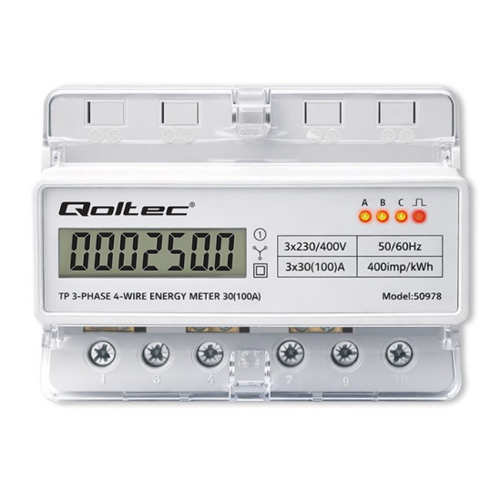 Trójfazowy elektroniczny licznik | miernik zużycia energii na szynę DIN | 400V | 100A | LCD | LED | 7P 