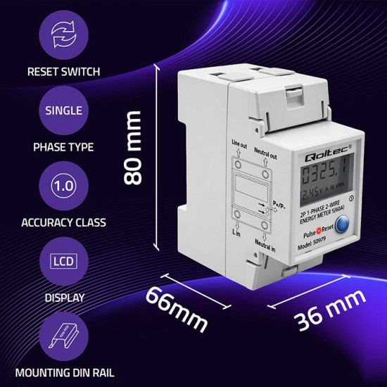 Jednofazowy elektroniczny licznik zużycia energii na szynę DIN | RESET | licznik okresowy i stały | 230V | 60A | LCD | LED | 2P 