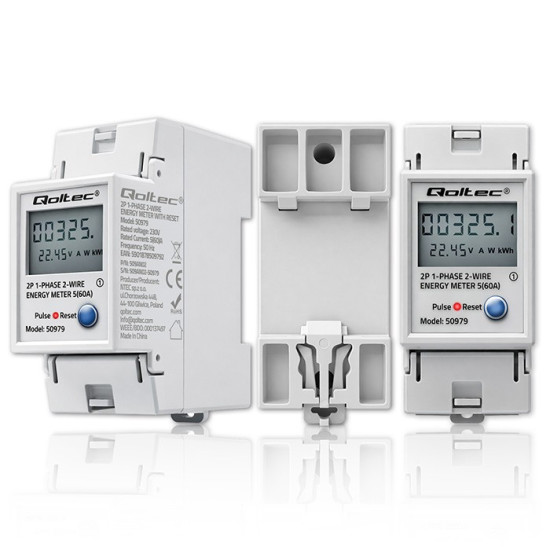 Jednofazowy elektroniczny licznik zużycia energii na szynę DIN | RESET | licznik okresowy i stały | 230V | 60A | LCD | LED | 2P 