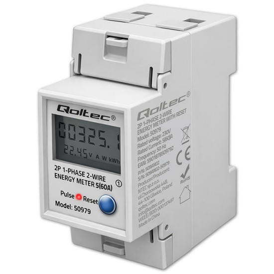 Jednofazowy elektroniczny licznik zużycia energii na szynę DIN | RESET | licznik okresowy i stały | 230V | 60A | LCD | LED | 2P 