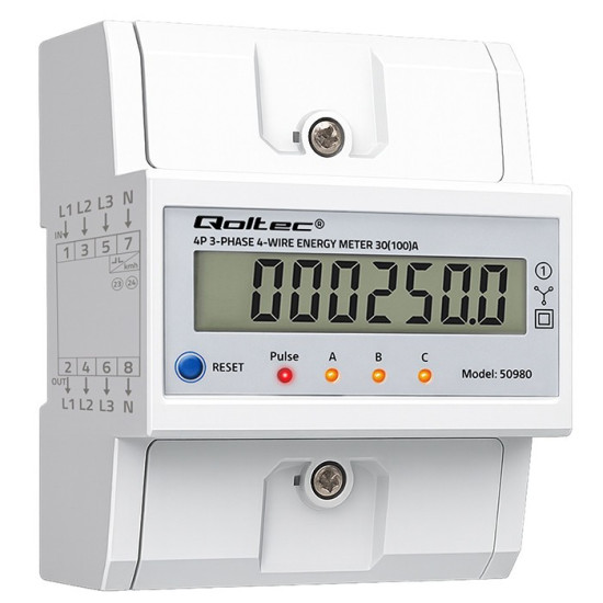 Trójfazowy elektroniczny licznik z resetem | miernik zużycia energii na szynę DIN | 400V | 100A | LCD | LED | 4P 