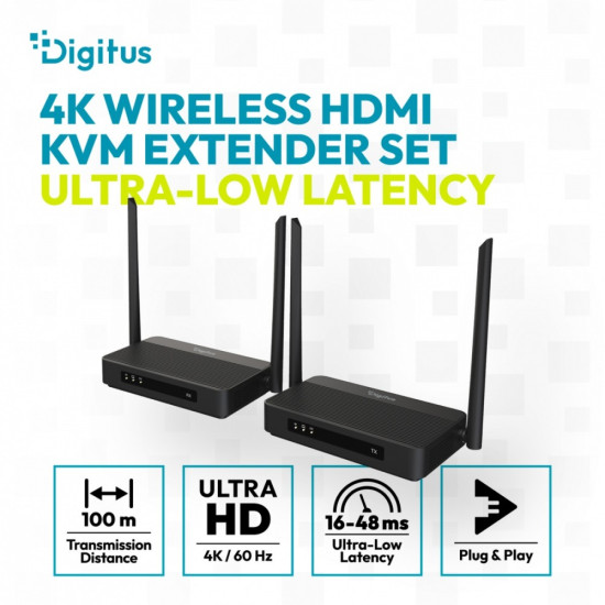 Przedłużacz / Extender HDMI bezprzewodowy z KVM do 100m | UHD 4K@60Hz | Audio | Niskie opóźnienie 16ms (Zestaw)