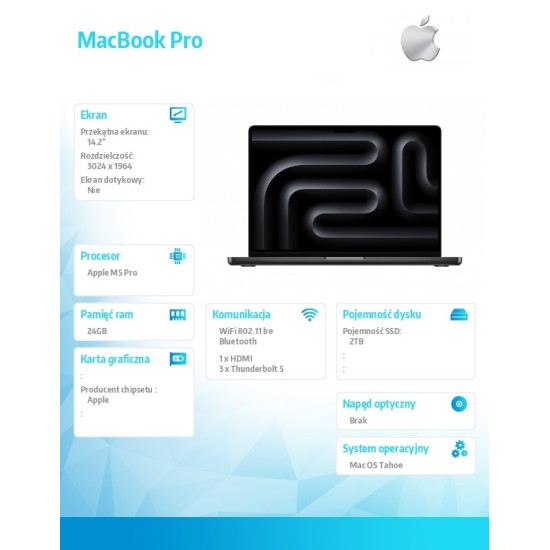 MacBook Pro 14.2 cala: M5 Pro 15/16, 24GB, 2TB SSD, bez zasilacza - Gwiezdna czerń