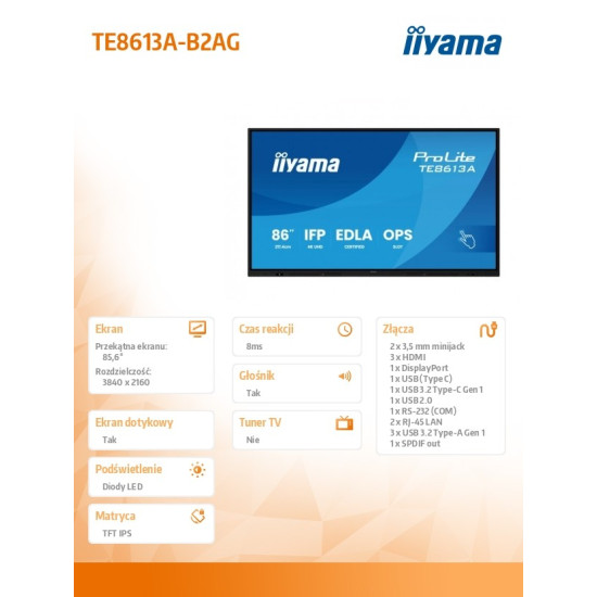 Monitor interaktywny 86 cali TE8613A-B2AG INFRARED,40pkt,IPS,4K,7H,500cd/m2,      WiFi,USB, ANDROID 14, Google EDLA,2x20W, UCHWYT ŚCIENNY 
