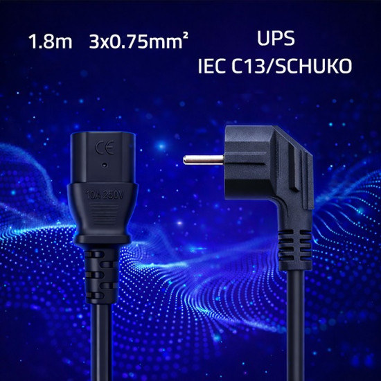Kabel zasilający | wtyczka kątowa SCHUKO CEE 7/7 (E/F) | IEC C13 | 3x0.75mm2 | czysta miedź Cu | 1.8m 