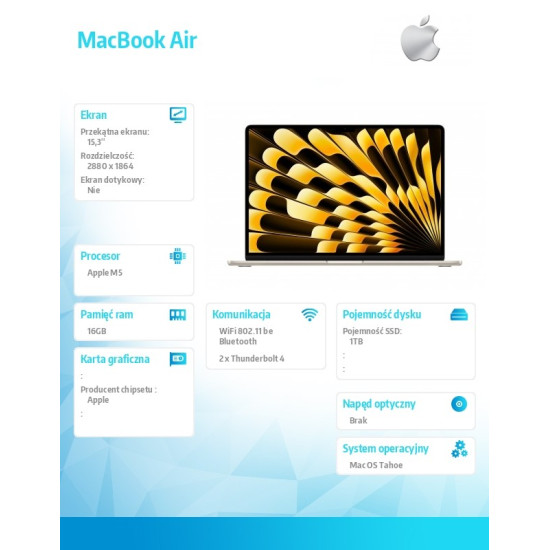MacBook Air 15.3 cala: M5 10/10, 16GB, 1TB SSD, bez zasilacza - Księżycowa poświata