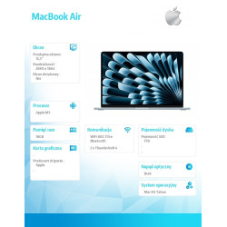 MacBook Air 15.3 cala: M5 10/10, 16GB, 1TB SSD, bez zasilacza - Błękitny