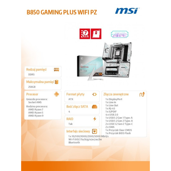 Płyta główna B850 GAMING PLUS WIFI PZ AM5 4DDR5 ATX 