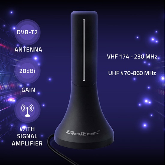Wewnętrzna antena DVB-T/T2 | wzmacniacz sygnału | 4K | wysoki zysk 32dBi | kabel 4m