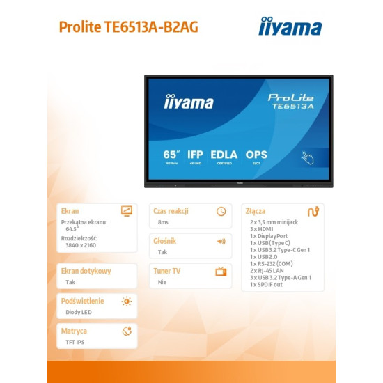 Monitor interaktywny 65 cali TE6513A-B2AG INFRARED,40pkt,IPS,4K,7H,500cd/m2,      WiFi,USB, ANDROID 14, Google EDLA,2x20W, UCHWYT ŚCIENNY 