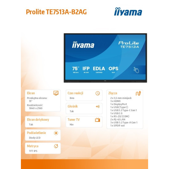 Monitor interaktywny 75 cali TE7513A-B2AG INFRARED,40pkt,IPS,4K,7H,500cd/m2, WiFi,USB, ANDROID 14, Google EDLA,2x20W, UCHWYT ŚCIENNY 