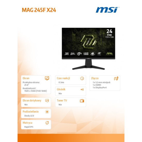 Monitor 23.8 cala MAG 245F X24 LED/FHD/Flat/240Hz/czarny