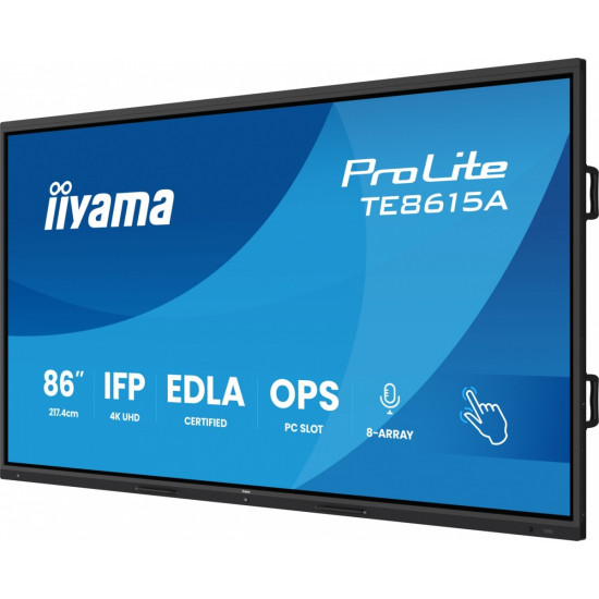 Monitor interaktywny 86 cali TE8615A-B2AG IPS,4K,40pkt,550cd,DeepContrast-IR+,    HDMI x2,DP,USB-C, 2 x 20W, OPS Slot x1, 5xUSB, 2xRJ45,8-Array,EDLA, 