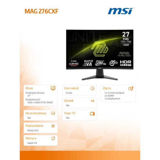 Monitor MAG 276CXF     27 cali LED/FHD/Zakrzywiony/280Hz/Czarny