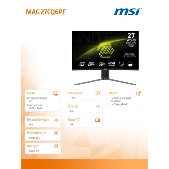 Monitor  MAG 27CQ6PF    27 cali/LED/QHD/Zakrzywiony/180Hz/Czarny