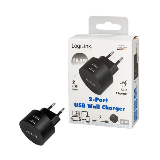Ładowarka sieciowa  2x USB-A, 10.5W, czarna 