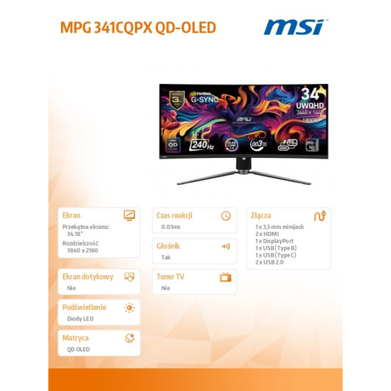 Monitor MPG 341CQPX QD-OLED 34 cale/LED/UWQHD/Zakrzywiony/240Hz/Czarny