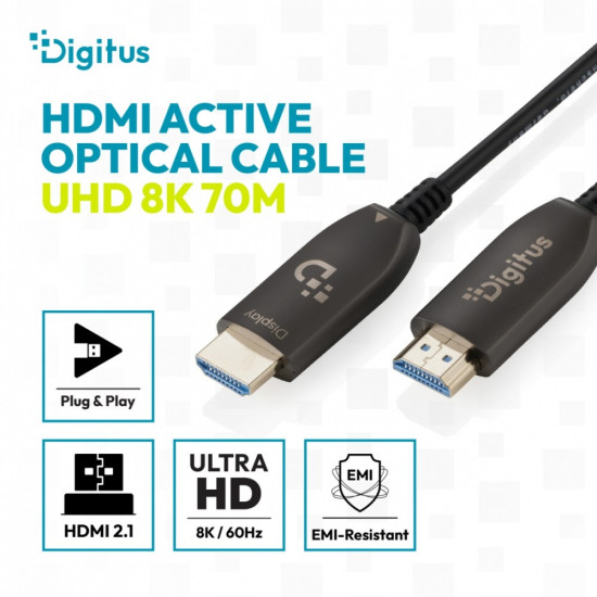 Kabel połączeniowy hybrydowy HDMI AOC | HDMI-A męski-męski | HDMI 2.1 | UHD-2 8K@60Hz | 48Gbps |HDR, eARC, HDCP 2.2, CEC | 70m