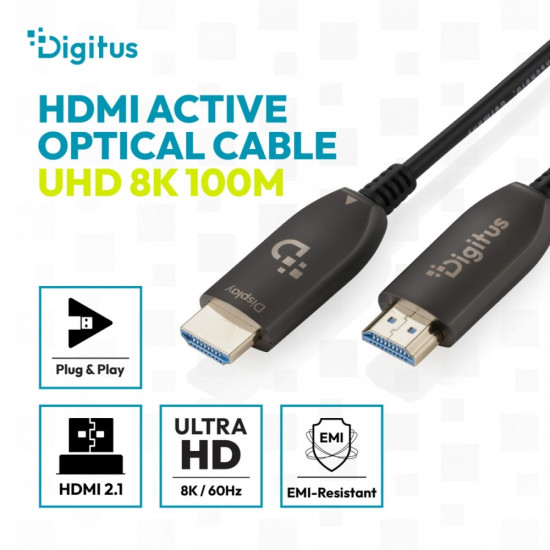 Kabel połączeniowy hybrydowy HDMI AOC | HDMI-A męski-męski | HDMI 2.1 | UHD-2 8K@60Hz | 48Gbps |HDR, eARC, HDCP 2.2, CEC | 100m