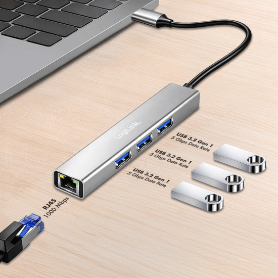 HUB USB3.2 3xUSB-A, 1x RJ45 Gigabit Ethernet 