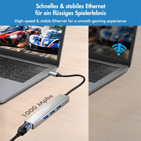HUB USB3.2 3xUSB-A, 1x RJ45 Gigabit Ethernet 
