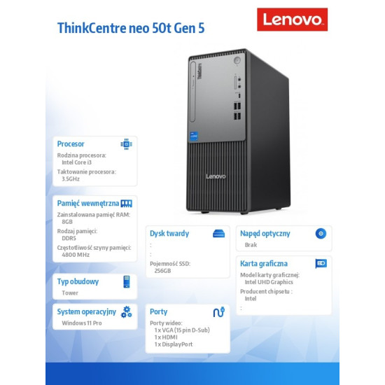 Desktop ThinkCentre Neo 50t Tower G5 12UD0031PB W11Pro i3-14100/8GB/256GB/INT/1YR OS 