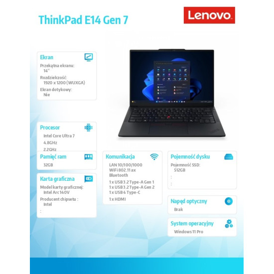 Laptop ThinkPad E14 G7 21U200ABPB W11Pro Ultra 7 258V/32GB/512GB/14.0 WUXGA/Black/1YR Premier Support + 3YRS OS + CO2 Offset 