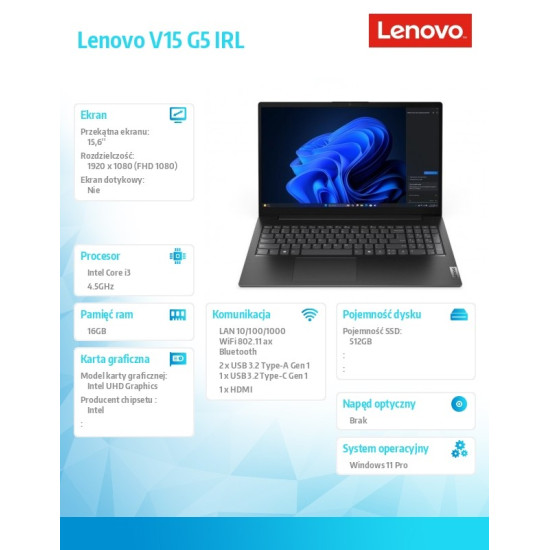 Laptop V15 G5 83GW00MGPB W11Pro i3-1315U/16GB/512GB/INT/15.6 FHD/Business Black/3YRS OS 