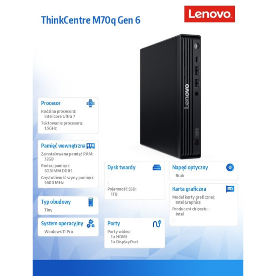 Komputer ThinkCentre M70q Tiny G6 13A40016PB W11Pro Ultra 7 265T/2X16GB/1TB/INT/vPro/Black/3YR OS + 1YR Premier TC 