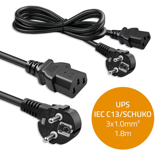 Kabel zasilający | wtyczka kątowa SCHUKO CEE 7/7 (E/F) | IEC C13 | 3x1.0mm2 | czysta miedź Cu | 1.8m 