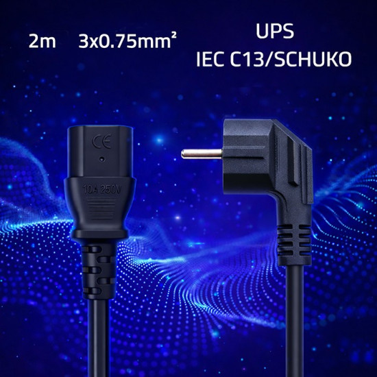 Kabel zasilający | wtyczka kątowa SCHUKO CEE 7/7 (E/F) | IEC C13 | 3x0.75mm2 | Czysta miedź Cu | 2m 