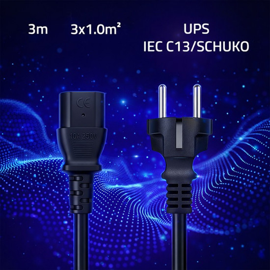 Kabel zasilający SCHUKO CEE 7/7 (E/F) | IEC C13 | 3x1.0mm2 | Czysta miedź Cu | 3m 