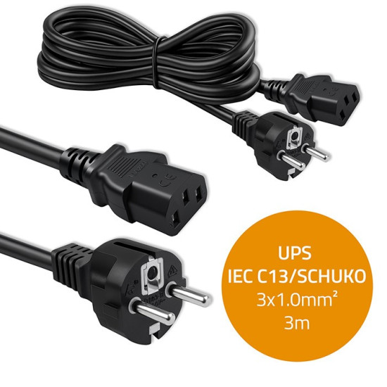 Kabel zasilający SCHUKO CEE 7/7 (E/F) | IEC C13 | 3x1.0mm2 | Czysta miedź Cu | 3m 