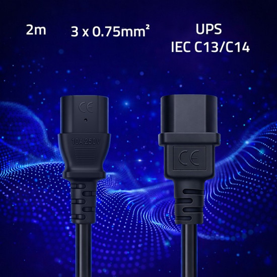 Kabel zasilający IEC C13 | C14 | 3x0.75mm2 | Czysta miedź Cu | 2m 
