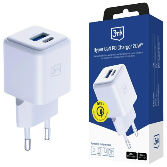 Ładowarka sieciowa Hyper GaN 20W 1xUSB-A 1xUSB-C PD QC4+ biała 