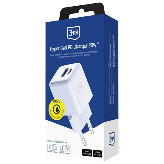 Ładowarka sieciowa Hyper GaN 20W 1xUSB-A 1xUSB-C PD QC4+ biała 