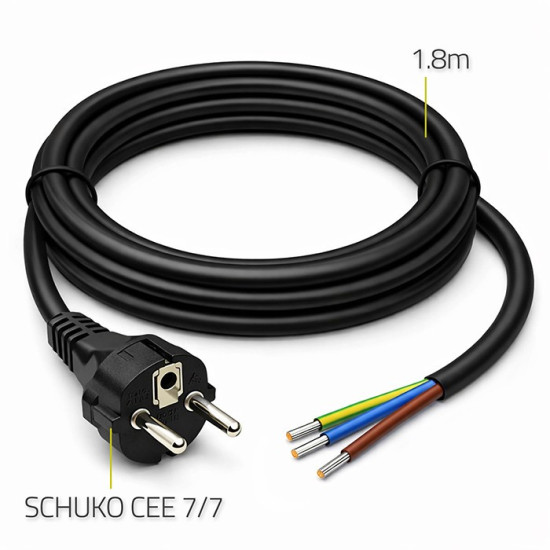 Kabel zasilający SCHUKO CEE 7/7 (E/F) | miedź Cu | odizolowany lutowany | 3x1.0mm2 | 1.8m 