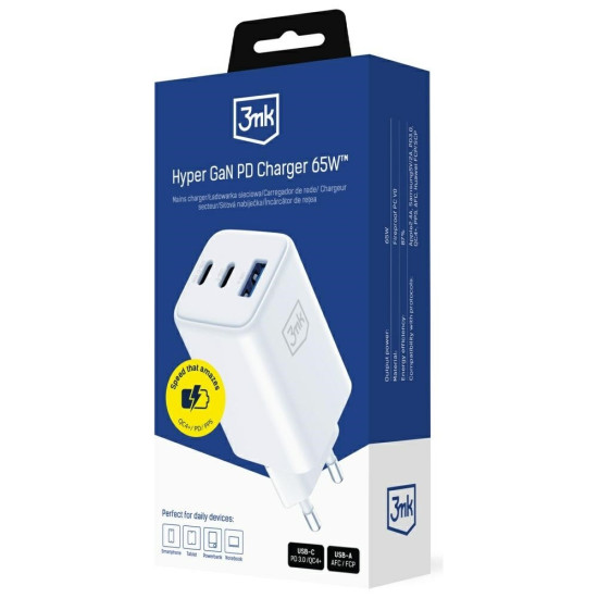 Ładowarka sieciowa Hyper GaN 65W 1xUSB-A 2xUSB-C PD QC4+ biała 