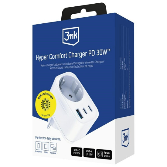 Adapter sieciowy Hyper Charger 30W 1xUSB-A 2xUSB-C 1x Schuko PD  QC 3.0 białt 